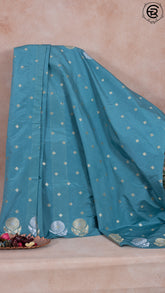 Steel Blue Floral Open Border Banarasi Warm Silk Saree